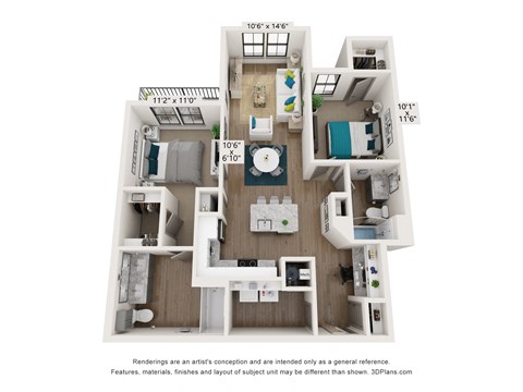 Floor plan for 2 beds, 2 baths, 1077 sqft